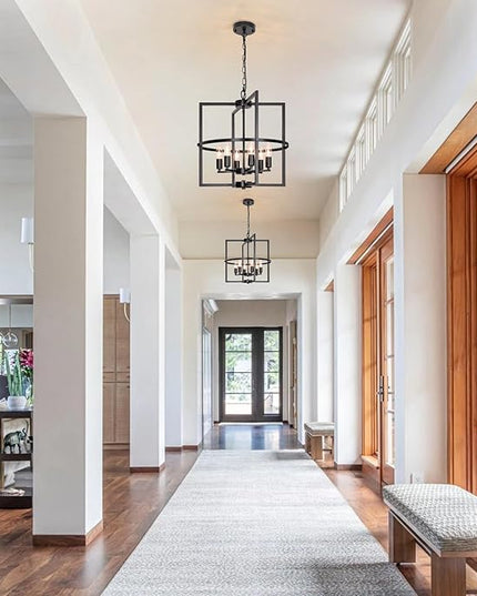 6-Light Black Chandelier, 17.72“ Geometric Dining Room Light Fixture, Large Modern Chandelier, Hanging Industrial Metal Chandelier for Foyer Entryway Kitchen Hallway Living Room