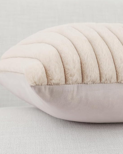 Pallene Faux Fur Plush Throw Pillow Covers 18x18 Set of 2, Luxury Soft Fluffy Striped Decorative Pillow Covers for Sofa, Couch, Living Room, Apricot