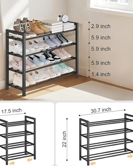 4-Tier Expandable Shoe Rack – Adjustable Metal Shoe Organizer for Closet, Entryway & Mudroom – Stackable, Heavy-Duty Storage, Black