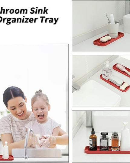 Silicone Kitchen Sink Organizer Tray for Multiple Usage,Eco-Friendly Sponges Holder for Kitchen Bathroom Counter or Sink,Dish Soap Dispenser,Scrubber,Bottle,Cup (Red, 12"×4")