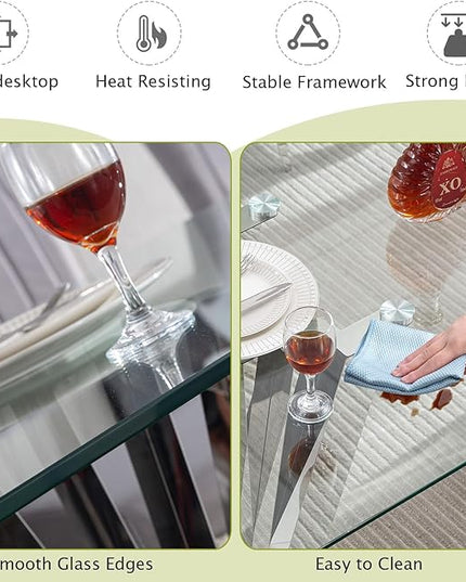 70'' Tempered Glass Top Dining Table With Mirrored Silver Stainless Steel Base for 4-8, Modern Rectangular Design for Dining Room and Living Room
