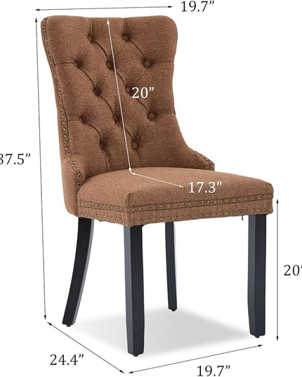 SoarFlash Linen Fabric Dining Chair Set of 2, Upholstered Tufted Dining Room Chair with Nailhead Trim and Solid Light Color Wood Leg for Kitchen (Coffee)