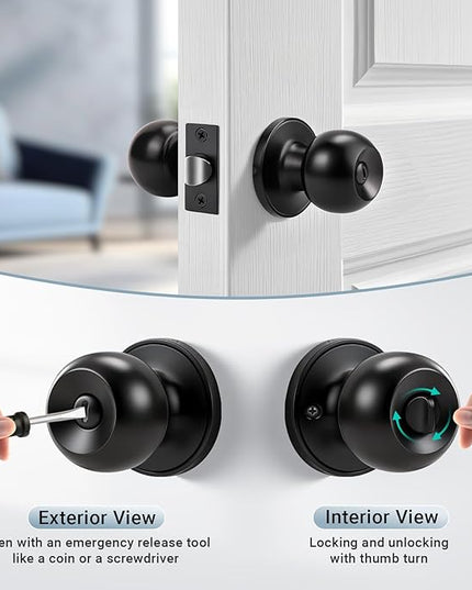 KNOBWELL 8 Pack Matte Black Privacy Door Knob for Bedroom Bathroom, Interior Door Knobs, Round Shape