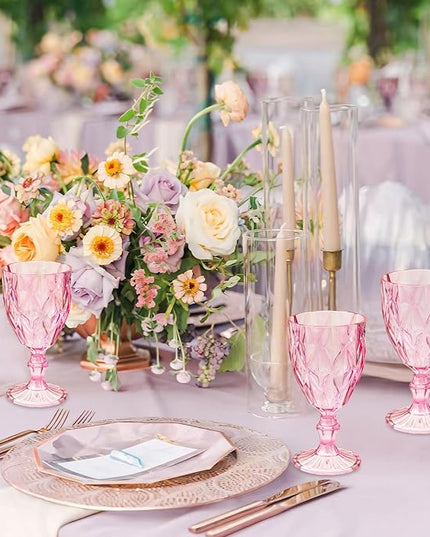 24 Pack Vintage Wine Glasses, Plastic Reusable 12 Ounce Colored Water Goblets, Unique Embossed Pattern Unbreakable Stemmed Wine Glasses High Clear Wedding Party Bar Drinking Cups Pink