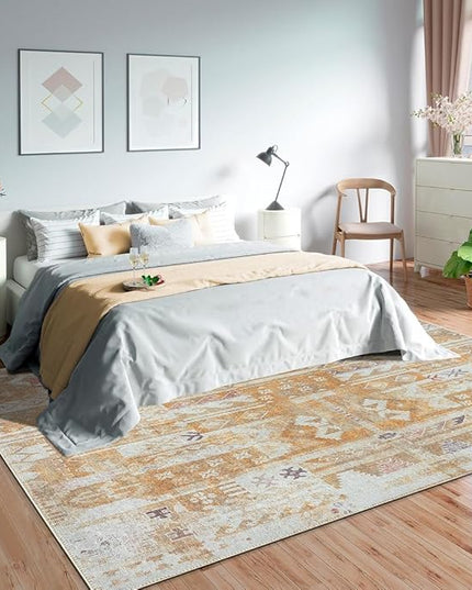 GLN Rugs Bohemian Collection - Machine Washable Area Rug, Bohemian Vintage, Non Slip, Low Pile Chenille Rug, Living Room, Bedroom, Bathroom Rug (6'x9' Yellow)