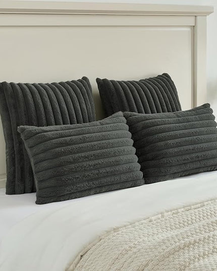FUTEI Dark Grey Throw Pillow Covers Set of 2, 26x26 Inch Striped Texture Euro Pillow Shams with Soft Faux Rabbit Fur Front & Velvet Back, Modern Decorative Couch Pillows for Living Room