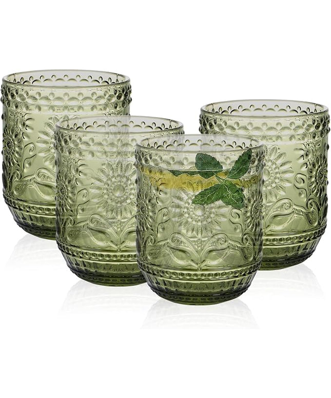 Glass Cups, Vintage Glassware Drinking Glass Set of 4, 12oz Colored Glassware with Sunflower Design, Embossed Floral Decorative Glasses Drinking Set for Beverage, Vintage Drinking Glasses (Green)