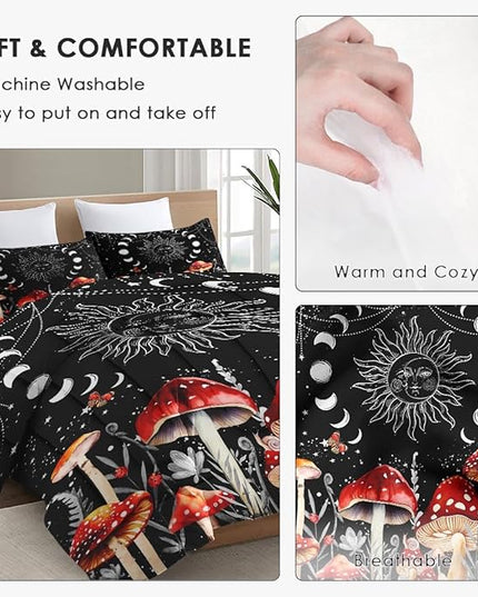King Size Comforter Set with 2 Pillowcases, Sun Moon Boho Mushroom 3 Pcs Bedding for Kids and Adults, Astrology Tarot Witch Soft Comforter Set for Bedroom Bed Decor