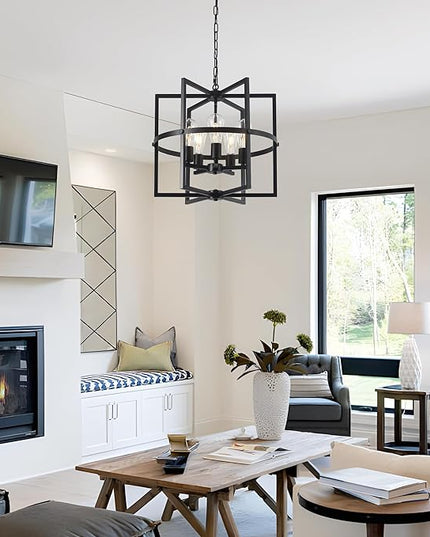 19'' Black Chandelier for Dining Room, 5-Light Modern Farmhouse Chandelier with Geometric Cage Adjustable Industrical Hanging Pendant Light Fixture for Kitchen Entryway Hallway Foyer Bedroom