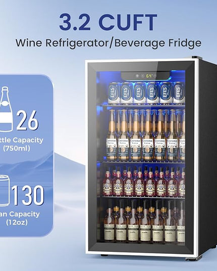 26 Bottle Wine Cooler 130 Can Beverage Refrigerator, Small Freestanding Cabinet Wine Cellar with 40℉-61℉ Temperature Control Glass Door, Black