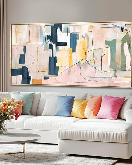 Pink Abstract Painting Large Wall Art Living Room Decor Blue Canvas Print Line Artwork Home Office Decoration 29x58 Inch
