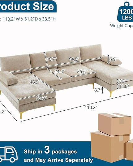 VINGLI 110" Large U-Shape Sectional Sofa Couch with 51" D Double Chaise for Living Room, Modern Sectional Couch Set with Soft 5.9" Thickness Seating Padding, Chenille Fabric,Metal Gold Legs(Khaki)