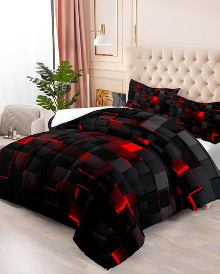 Geometric Red Black Comforter Set,Light Honeycomb 3 Piece Bedding Set King Size for Teen Boys,Modern Bedding Quilt Set Geometry Decor,Microfiber Lightweight 1 Comforter 2 Pillowcases All Season
