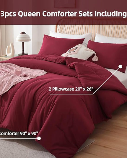 ROSGONIA Queen Comforter Set Dark Red,3pcs Bedding Comforter Sets(1 Boho Red Comforter & 2 Pillowcases) All Season Lightweight Bedspread Blanket Quilt