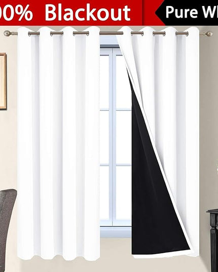 Yakamok White 100% Blackout Curtains, 2 Thick Layers Full Light Blocking Thermal Insulated Drapes with Black Liner for Bedroom(52Wx63L, Pure White, 2 Panels)
