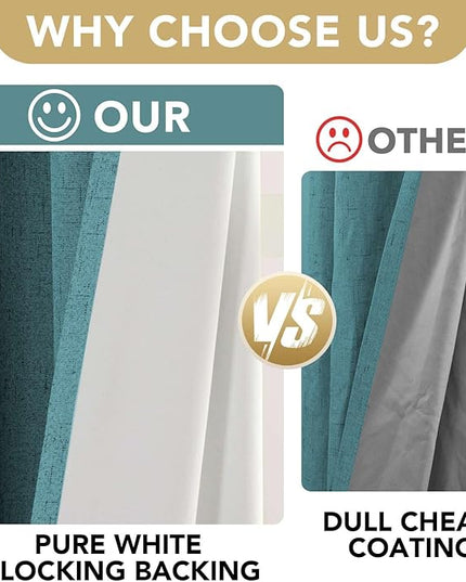 H.VERSAILTEX Linen Blackout Curtains 54 Inches Long 100% Absolutely Blackout Thermal Insulated Textured Linen Look Curtain Draperies Anti-Rust Grommet, Energy Saving with White Liner, 2 Panels, Teal