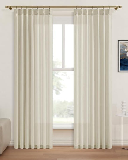 Pinch Pleated Cream Beige 72 Inch Length Curtains for Bedroom，Rustic Oatmeal Viral Sheer Window Drapes Light Filtering Privacy Cottagecore Office Sunroom Back Tab Fabric Curtain 40" W x 72" L
