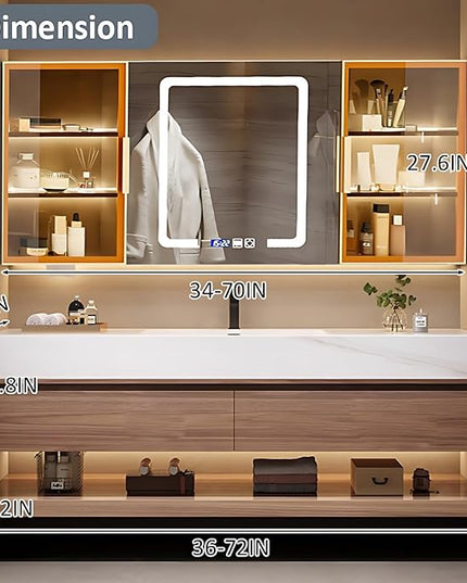 Single Sink Bathroom Vanity, Bathroom Cabinet has LED Lights Fog Mirror & Solid Wood Body, Glass Side Cabinet with Light (Light Brown, 44'')