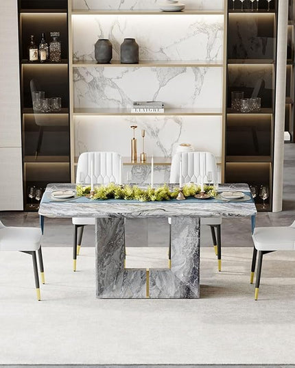Dinner Table Set for 4, 5 Piece Dining Table Set with Chairs, 63" Faux Marble Modern Table with 4 PU Leather Upholstered Chairs, for Kitchen & Dining Room