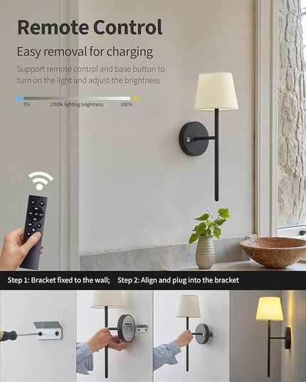 Battery Operated Wall Sconce Set of 2, Small LED Rechargeable Wall Lights with Remote, 5200mAh Dimmable Fabric Shade Cordless Wall Lamp for Bedside, Bedroom, Hallway, Living Room, Gifts (Black)