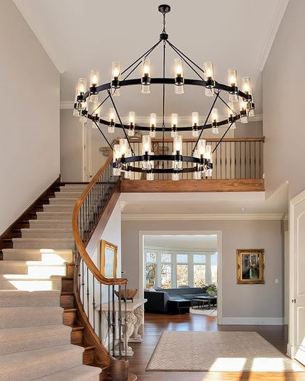 60 Inch Black Wagon Wheel Chandelier with Glass Shade, 30 Lights, 2 Tier Modern Farmhouse Chandelier, Pendant Lighting Fixture Ideal for Dining Room, Kitchen, Entryways