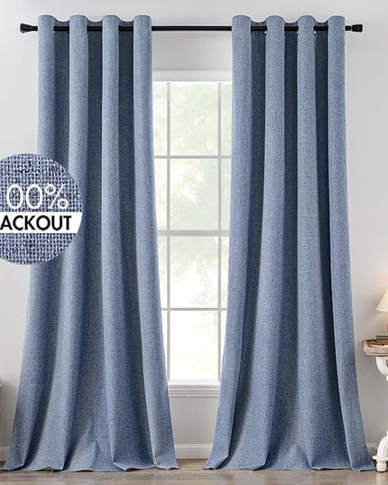 MIULEE Linen Texture Curtains for Bedroom Solid 100% Blackout Thermal Insulated Stone Blue Curtains Grommet Room Darkening Curtains/Draperies for Living Room Nursery 52x120 Inch (2 Panels)
