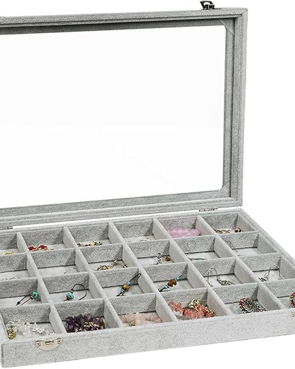 Stratalife Velvet Jewelry Organizer 24 Grid Jewelry Tray with Clear Glass Lid Display Showcase Storage Organizer Box for Earring Necklace Rings Dice Gray (24 Grids)