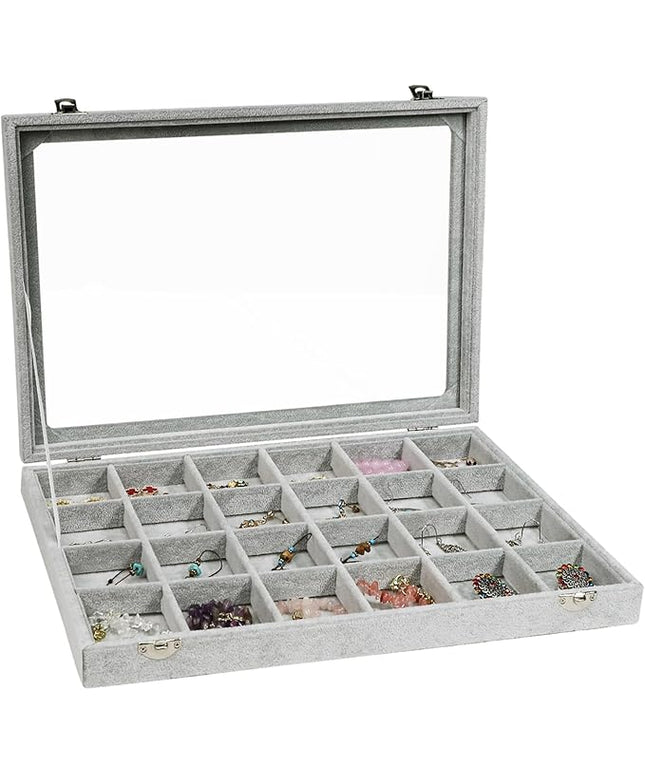 Stratalife Velvet Jewelry Organizer 24 Grid Jewelry Tray with Clear Glass Lid Display Showcase Storage Organizer Box for Earring Necklace Rings Dice Gray (24 Grids)