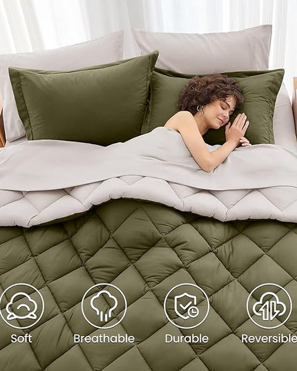 MUXHOMO 7 Pieces Full Comforter Set, Reversible Bed in a Bag Full Size, All Season Bedding Set with Comforter, Flat Sheet, Fitted Sheet, Pillowcases & Shams, Olive Green & Beige