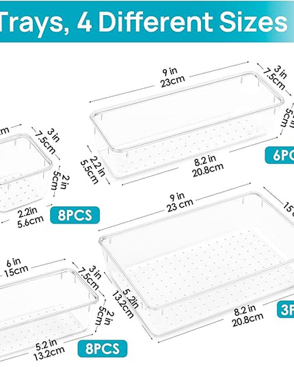 Vtopmart 25 PCS Clear Plastic Drawer Organizers Set, 4-Size Versatile Bathroom and Vanity Drawer Organizer Trays, Storage Bins for Makeup, Bedroom, Kitchen Gadgets Utensils and Office
