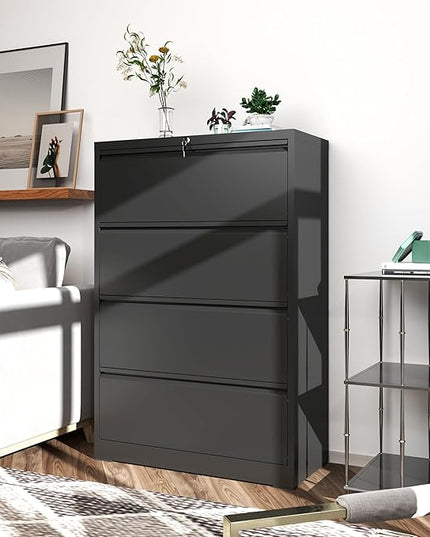 File Cabinets 4 Drawer,Metal Office Storage Filing Cabinet with Lock,Black Lateral Filing Cabinet for Home Office,Horizontal Locking File Cabinet for Legal/Letter/A4 Files,Assembly Required