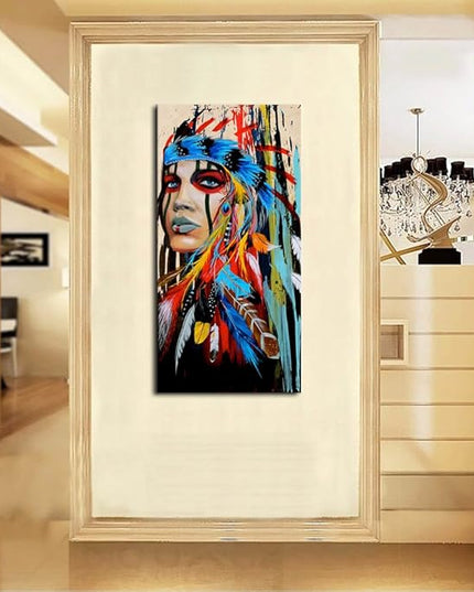 Canvas Wall Art Native American Indian Beauty Large Modern Canvas Artwork Girl with Colorful Feathers Contemporary Canvas Picture Bedroom Living Room Hallway Home Office Kitchen Wall Decor 40" x 20"