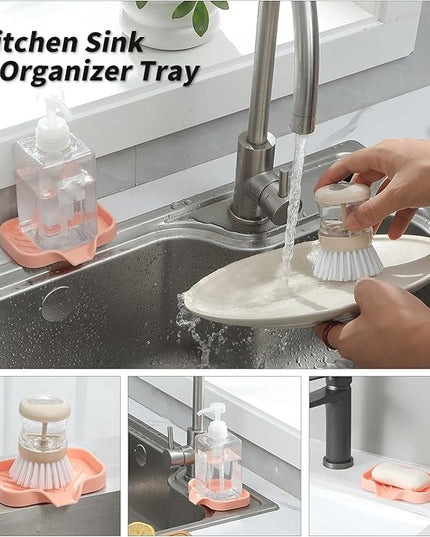 Silicone Bathroom Soap Dishes with Drain Spout-Bathroom and Kitchen Sink Organizer,Sponge Holder,Dish Soap Tray,Perfect for Dispenser,Scrubber,Bottle,Cup on Sink or Counter-Pink 4.9"×3.2"