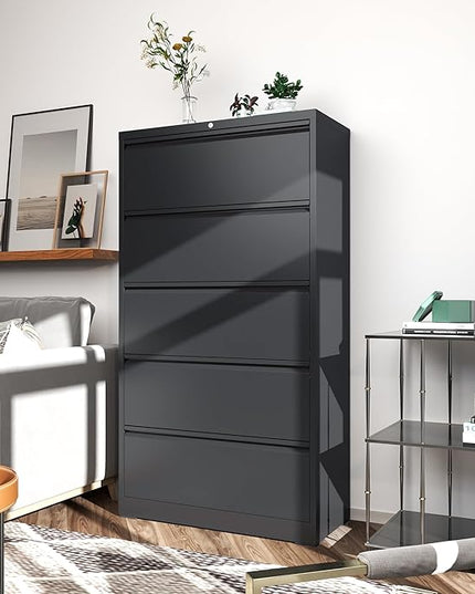 File Cabinets 5 Drawer,Metal Office Storage Filing Cabinet with Lock,Black Lateral Filing Cabinet for Home Office,Horizontal Locking File Cabinet for Legal/Letter/A4,Assembly Require,Black