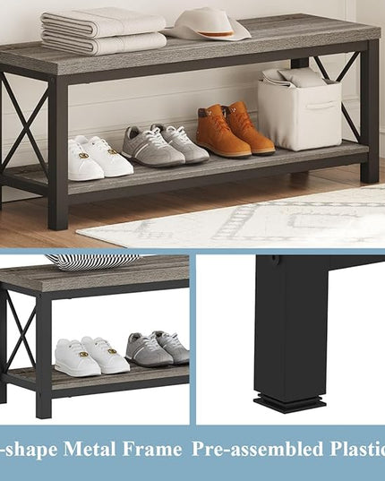 BON AUGURE Entryway Bench wiht Storage, Wood Metal Entry Way Bench, Modern Shoe Rack Benches for Bedroom Mudroom Foyer Indoor (47 inch Wide, Dark Grey Oak)