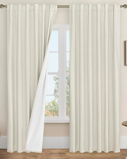 LAMIT 100% Blackout Curtains for Living Room, 95 Inch Linen Textured Thermal Insulated Bedroom Curtains Back Tab and Rod Pocket Farmhouse Neutral Panels with White Liner, 2 Panels, 52 x 95 Inch, Ivory