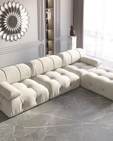 JACH L-Shaped Sectional Couch, 104'' Minimalist Velvet Floor Sofas Couches, Mid-Century Modular Sectional Sofa with Reversible Chaise Ottoman for Living Room, Apartment (3-Seat, 1 Ottoman, Beige)
