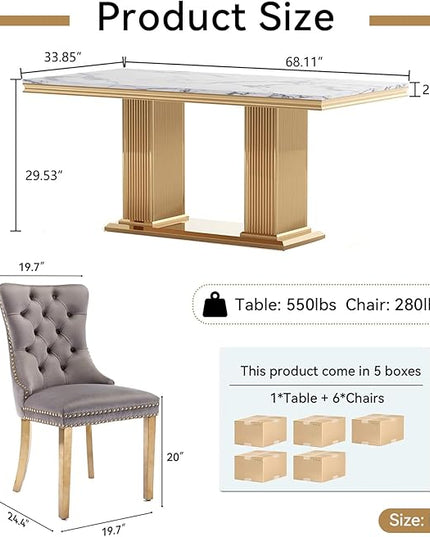 HomVent 68.11'' Faux Marble Dining Table Set for 6, Modern Rectangle Kitchen Table with Stainless Steel Base (White Table with 6 Grey Chairs, 7 Pieces)