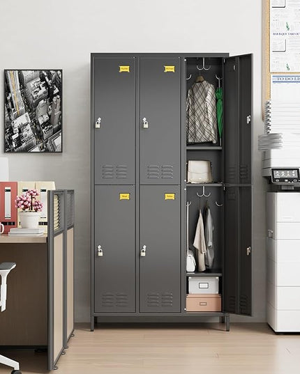 Aobabo Upgraded Metal Storage Locker for Employees, 6 Doors Metal Lockers Cabinet with Lock and Name Card Slot, Industrial Storage with 18 Hooks, for Office Gym, Assembly Required, Black