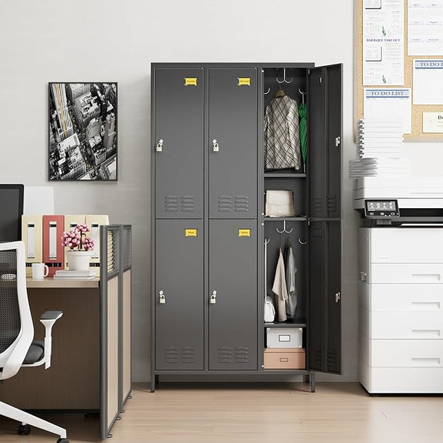 Aobabo Upgraded Metal Storage Locker for Employees, 6 Doors Metal Lockers Cabinet with Lock and Name Card Slot, Industrial Storage with 18 Hooks, for Office Gym, Assembly Required, Black