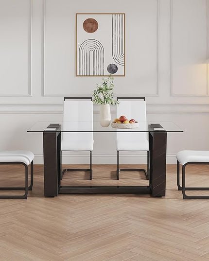 Ebullient Glass Dining Table Set for 4, Modern Dining Table Set for 4, Tempered Glass Tabletop with Black MDF Trapezoid Legs, Rectangle Kitchen Table with 4 Faux Leather Chairs for Home, Apartment