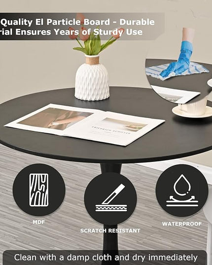 Round Table,31.5" Modern Dining Table for 2-4 People with MDF Top&Metal Pedestal Base,Coffee Table Thickened Tabletop for Dining Room/Kitchen/Living Room,Black