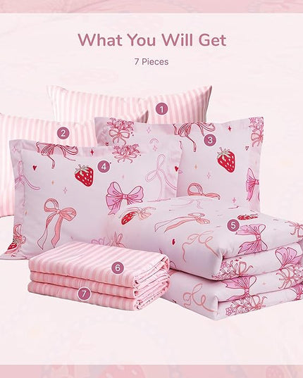 Full Size Comforter Set for Girls-7 Pieces Pink Bow Full Bedding Sets for Kids, Ultra Soft Bed in A Bag with Sheets