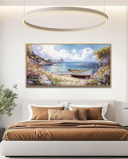 QIYILEXWART Wood Farmed Canvas Wall Art For Living Room Wall Decor For Bedroom Office Wall Decoration The Sea Boat Landscape Painting Farmhouse Pictures Artwork Room Aesthetic Home Decor 20x40 In