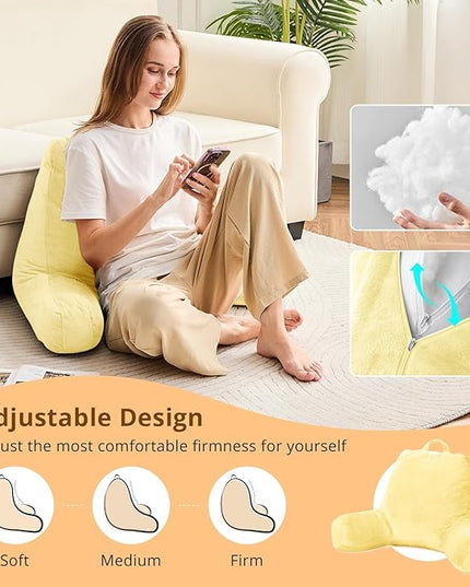 Sasttie Reading Pillow, Velvet Back Pillow for Bed Sitting Up, Adult Back-Rest Support Cushion with Arms for Sit Up on Couch, Sofa, and Floor, Dorm Essentials, Reading Accessories, Light Yellow