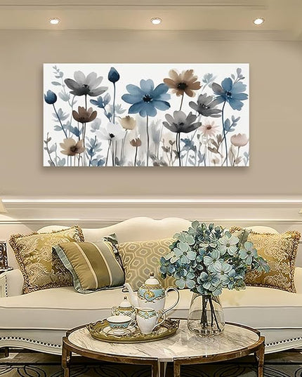 KZKU Flowers Canvas Wall Art - Floral Pictures for Wall Decor Indigo Brown Grey Canvas Prints Nature Printing Artwork for Living Room Bedroom Home Office Wall Decoration 24" x 48"