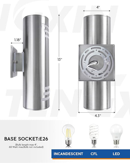 TENGXIN 2 Pack Dusk to Dawn Patio Wall Light Cylinder,Up Down Modern Outdoor Wall Sconce with Stainless Steel Cylinder,Brushed Nickel Exterior Lighting Fixtures
