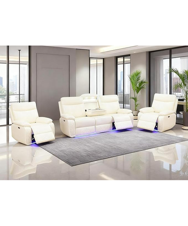 Power Leather Sofa and 2 Chairs Set, Recliner Sofa Set with LED Light, Living Room Furniture Sets, Modern Power Reclining Sets with Cup Holder/Storage Console for House, Vanilla White
