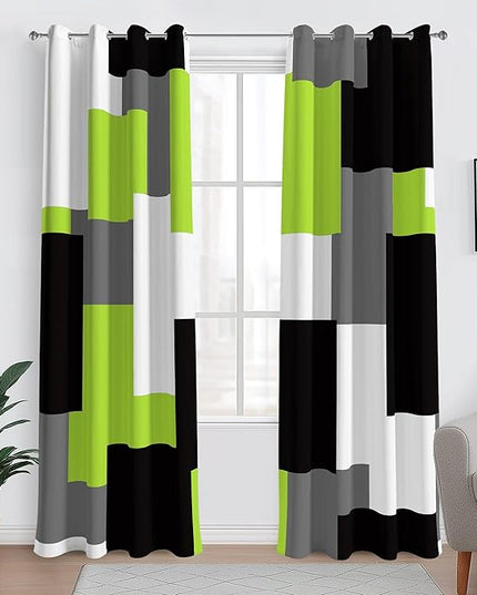Lime Green 100% Blackout Curtains for Bedroom 84 inch Length 2 Panels Set Light Fresh Modern Abstract Geometric Black Out Curtains Insulated Room Darkening Window Drapes for Living Room, 52Wx84L