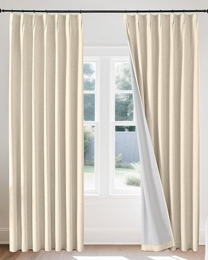 Joydeco 100% Blackout Pleated Curtains, Linen Window Curtains 2 Panel Sets 108 inches Long, Thermal Insulated Darkening Drapes for Bedroom(Bleached Sand,40'' Wx108'' L)